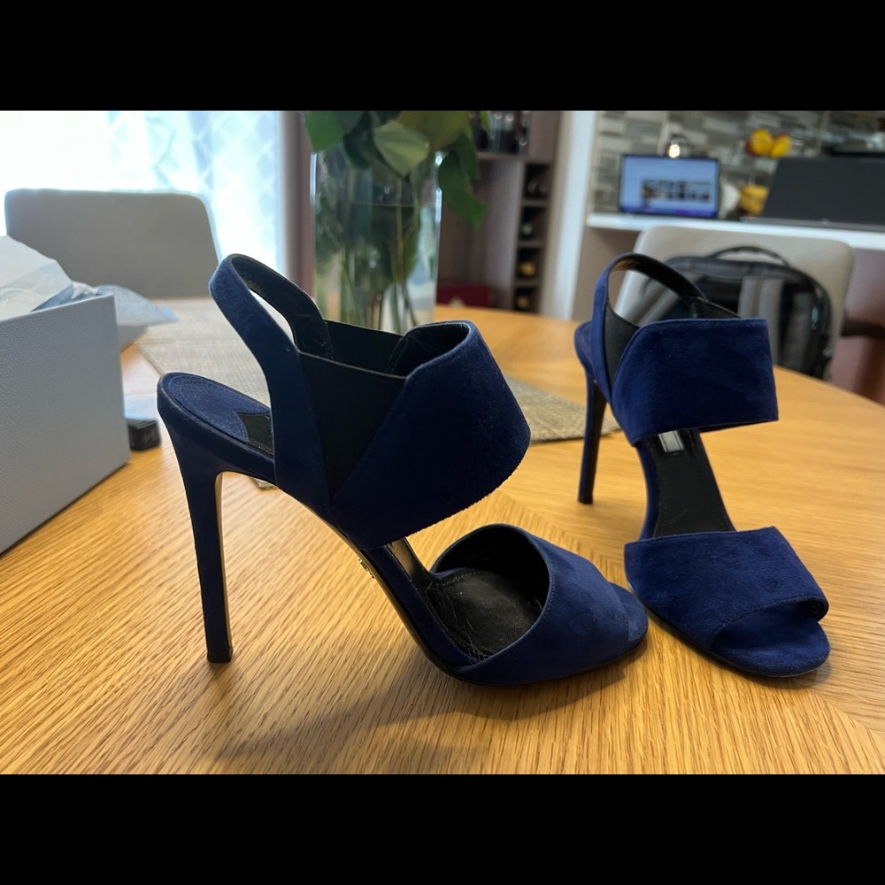 Prada Suede double-band high-hill sandals in Navy color
